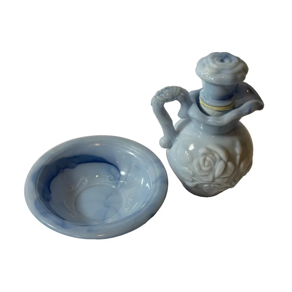 Avon Victoriana Blue Slag Glass Pitcher and Soap Dish 1978 Embossed Rose Design
